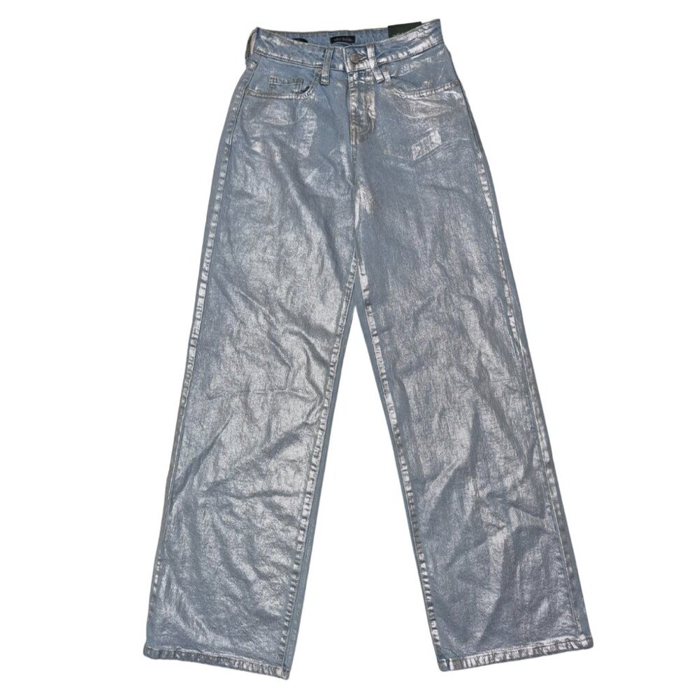 Wild Fable Women's 00 Silver Blue High-Rise Wide Leg Metallic Coated Baggy Jeans